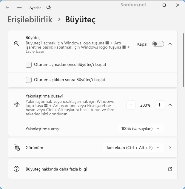 Büyüteç otomatik olarak başlamasın Büyüteç otomatik olarak başlamasın