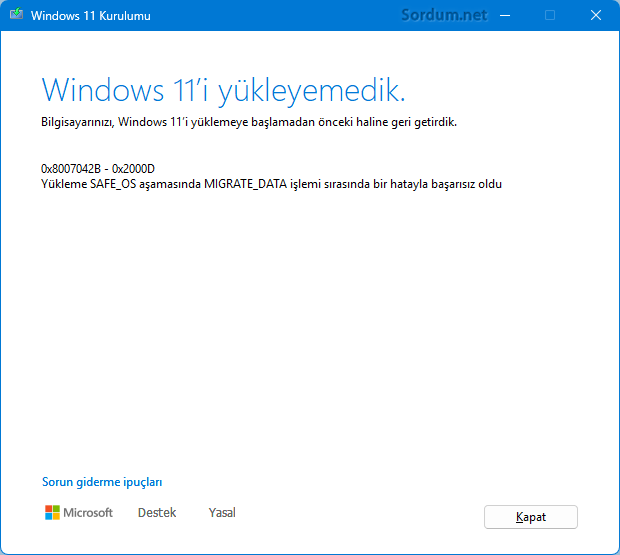 Windows yükleme hatası