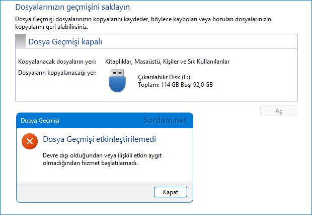 Dosya geçmişi etkinleştirilemedi