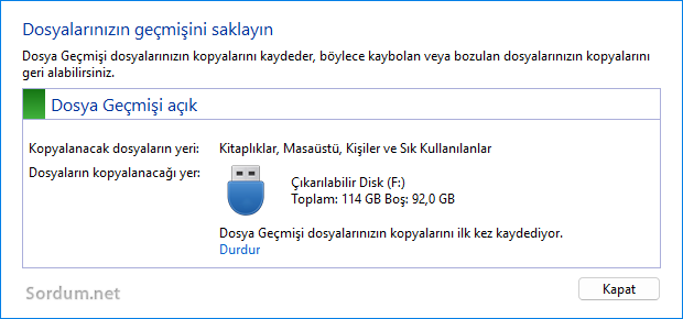 Dosya geçmişi özelliği etkin