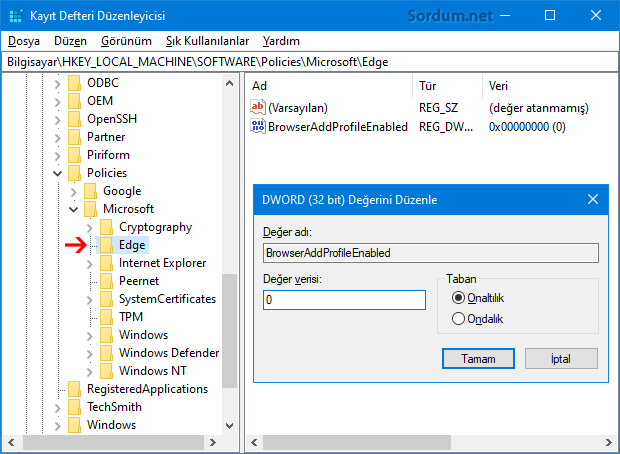 EDGE ye yeni profil eklemeyi yasaklayan Registry değeri EDGE ye yeni profil eklemeyi yasaklayan Registry değeri