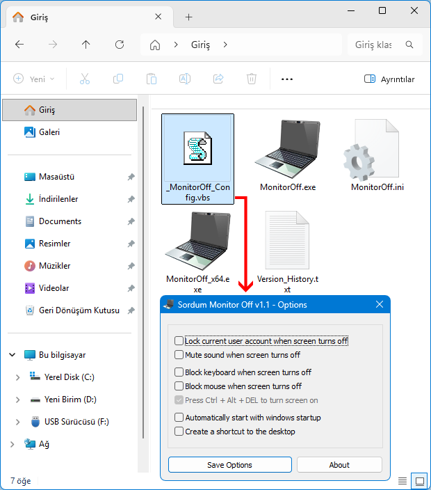 Sordum Monitor Off özellikler penceresi Sordum Monitor Off özellikler penceresi