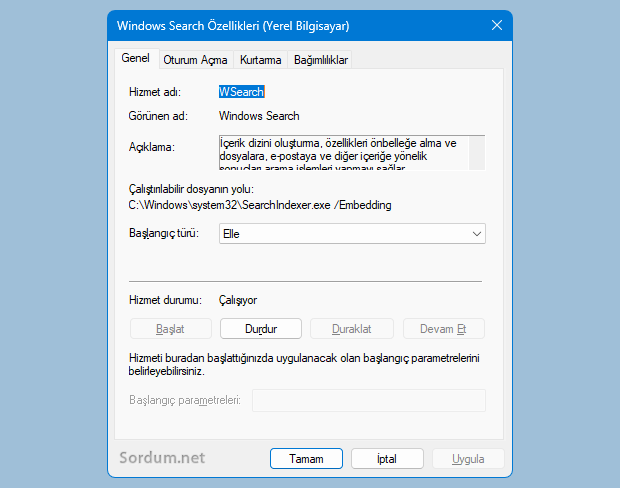 Windows arama servisini etkinleştir