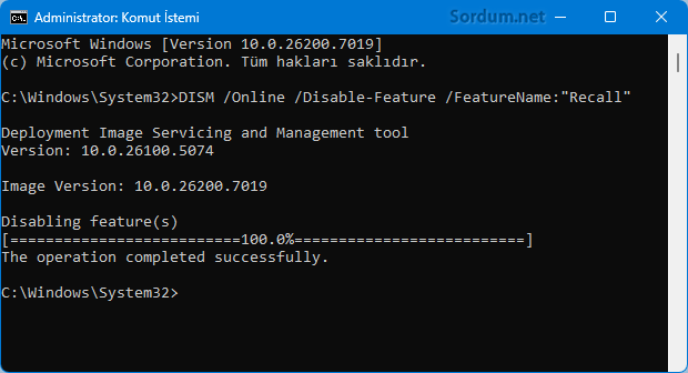DISM komutu ile recall kaldır
