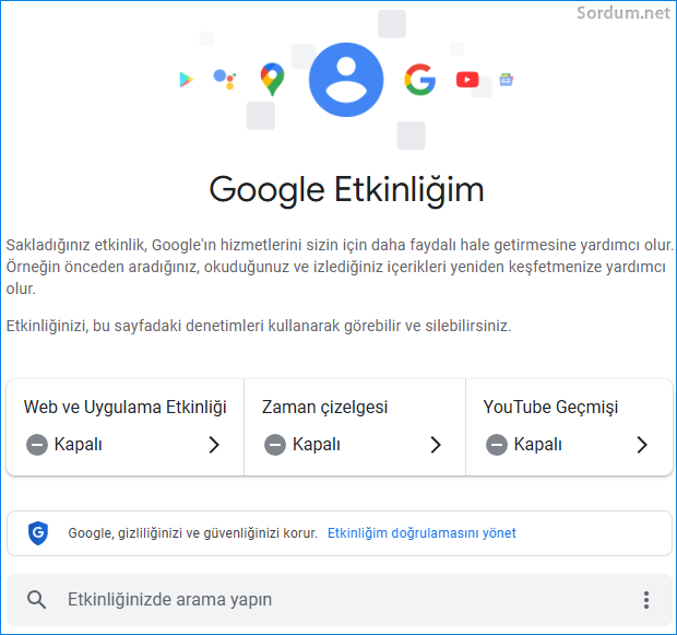 Google etkinlik geçmişi kapalı