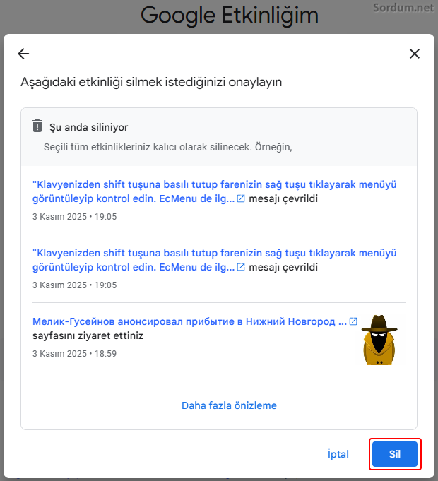 Google etkinliğimi sil