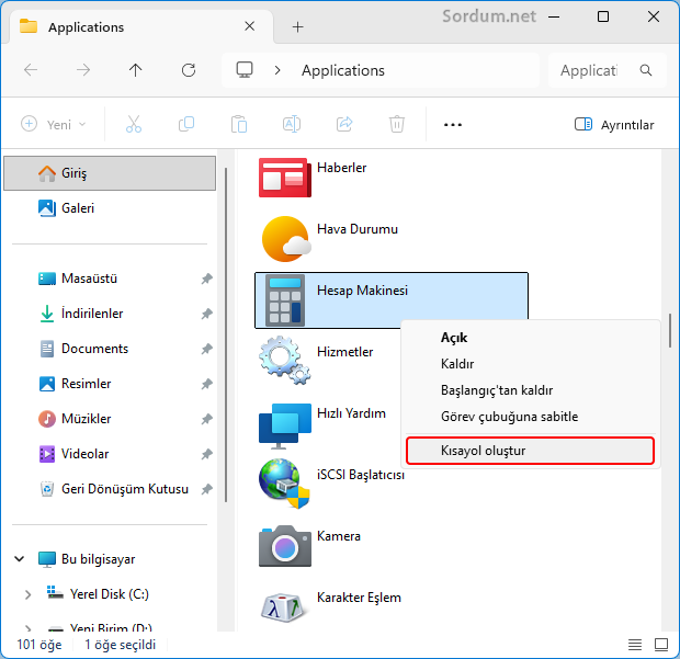 Uygulamalar klasöründen kısayol oluşturma Uygulamalar klasöründen kısayol oluşturma