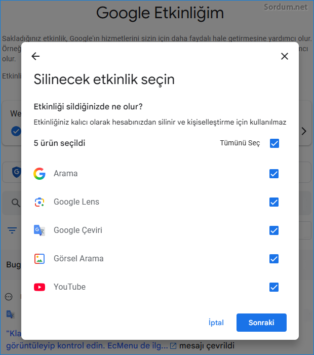 Silinecek etkinliği seçin