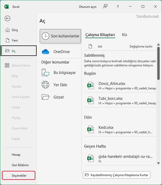 Excel seçenekler