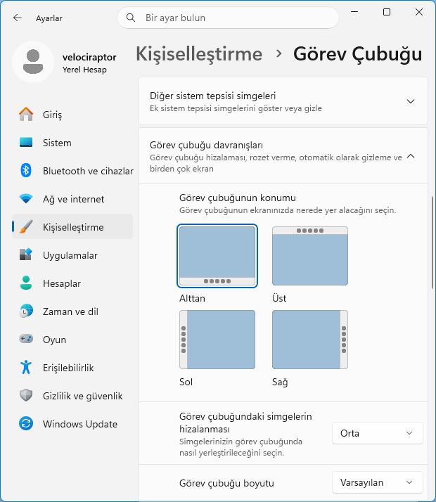 Görev çubuğu konumu Görev çubuğu konumu
