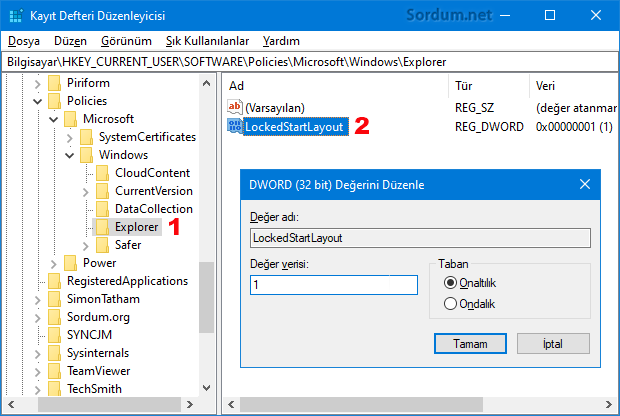 Başlangıca sabitle registry değerleri